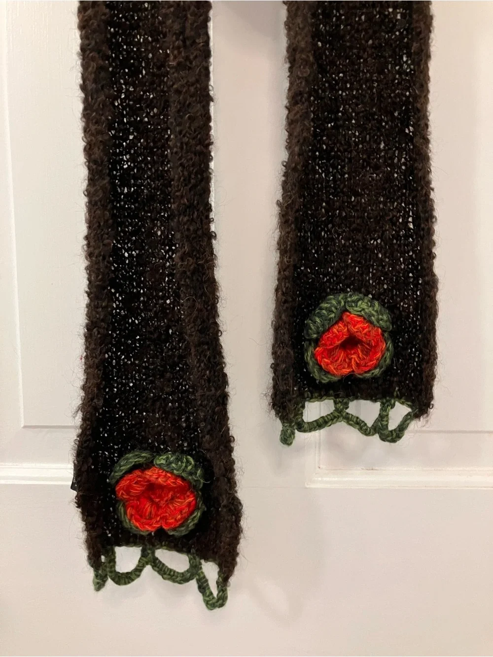 Handmade wool Dark Brown Knit Scarf with Red green flower Appliqués by Tabask